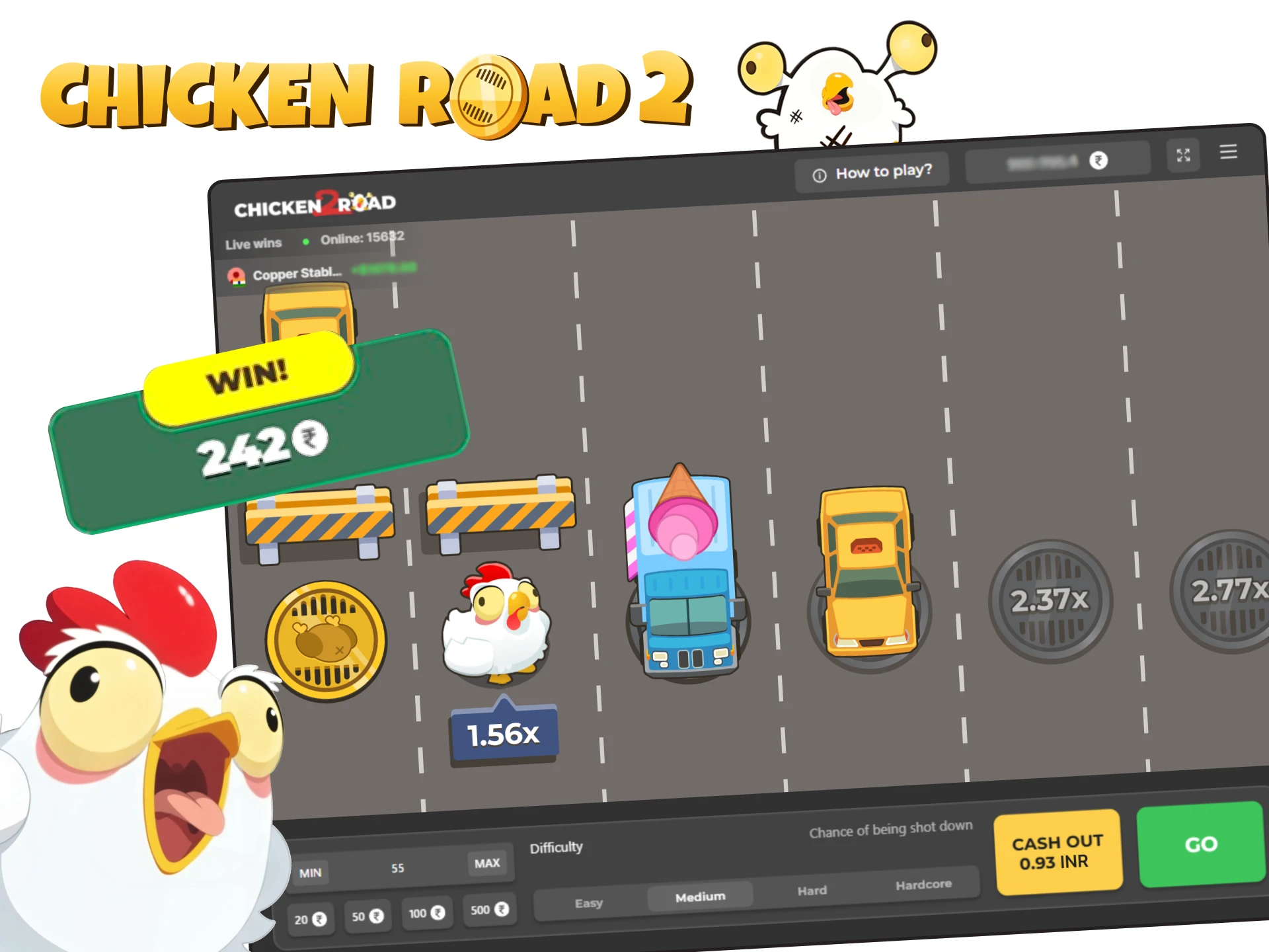 Various graphics and animations in the game Chicken Road 2.0.