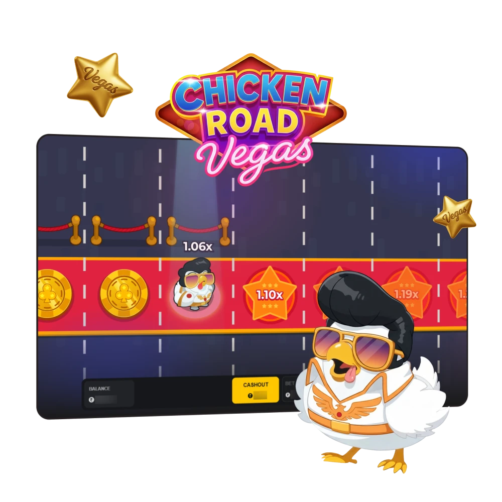 Chicken Road Vegas online casino game featuring a cartoon chicken and slot-style gameplay.